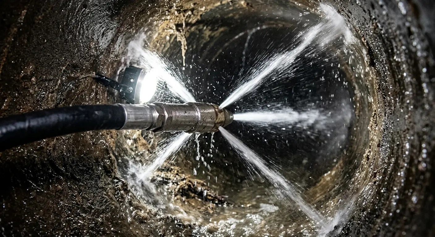 High-pressure hydro jetting nozzle cleaning sewer pipe for Emergency Drain Service in Liberty Hill