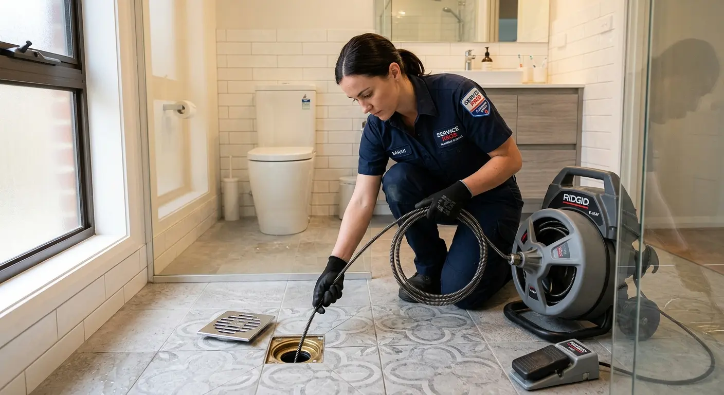 Technician clearing a bathroom floor drain for Drain Repair in Liberty Hill